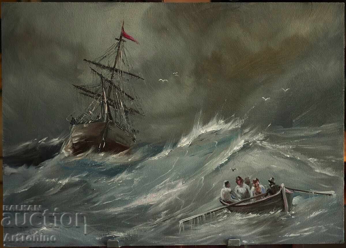 Pictură în ulei - Peisaj marin - Navă pe mare A. Iordanov