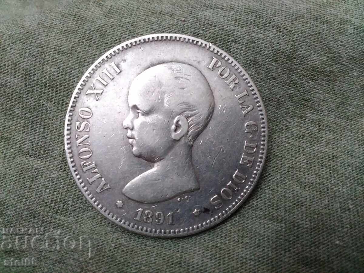 5 PESETAS 1891 SPAIN