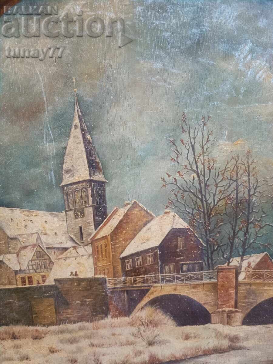 The artwork is set in a massive, round wooden frame with price € 16.77 | 32.80 BGN