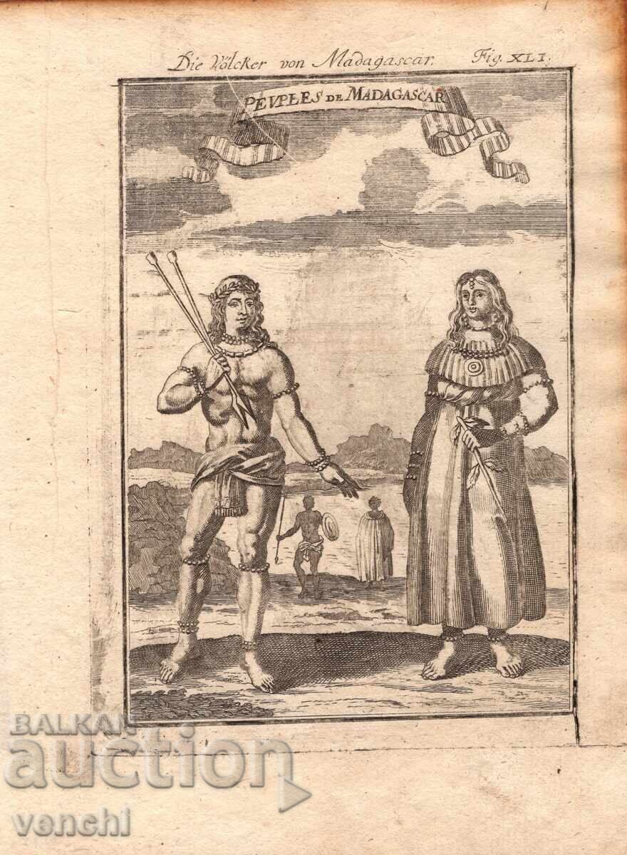 1685 - GRAVURĂ MALLET - OAMENI DIN MADAGASCAR - original