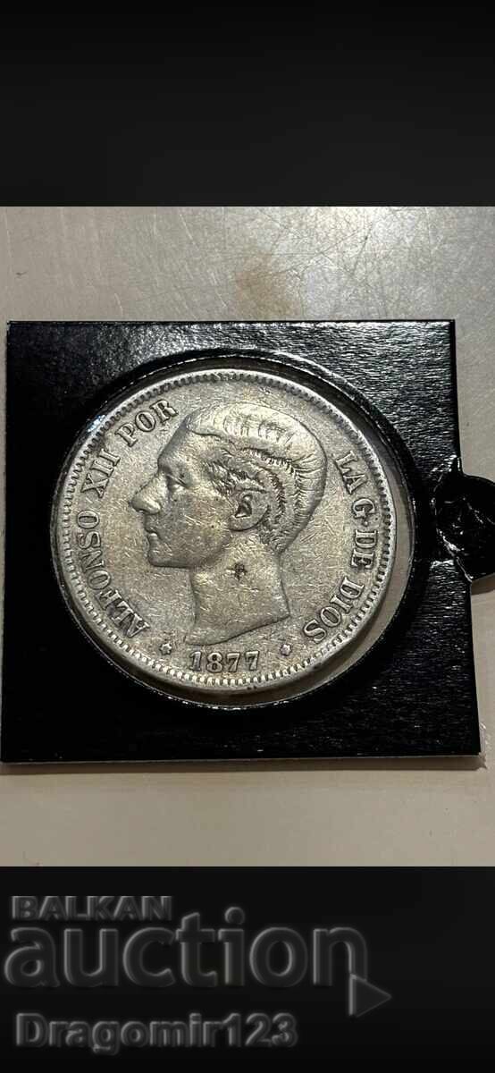 Monedă de argint 5 pesete 1877 (Spania, Regele Alfonso al XII-lea)