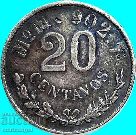 Mexic 20 centavos 1904 monetărie 258x. nr. 5.42g puritate 902 argint Mexic 20 centavos 1904 monetărie 258x. nr. 5.42g puritate 902 argint