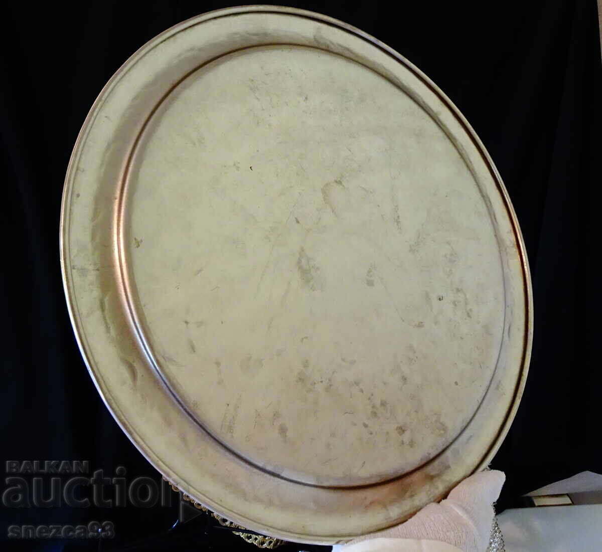 Tavă din bronz argintat 36 cm, 780 gr, gravată - 5