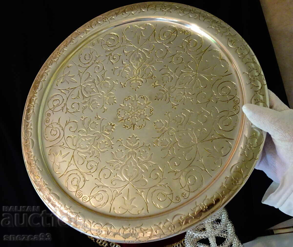 Tavă din bronz argintat 36 cm, 780 gr, gravată - 6