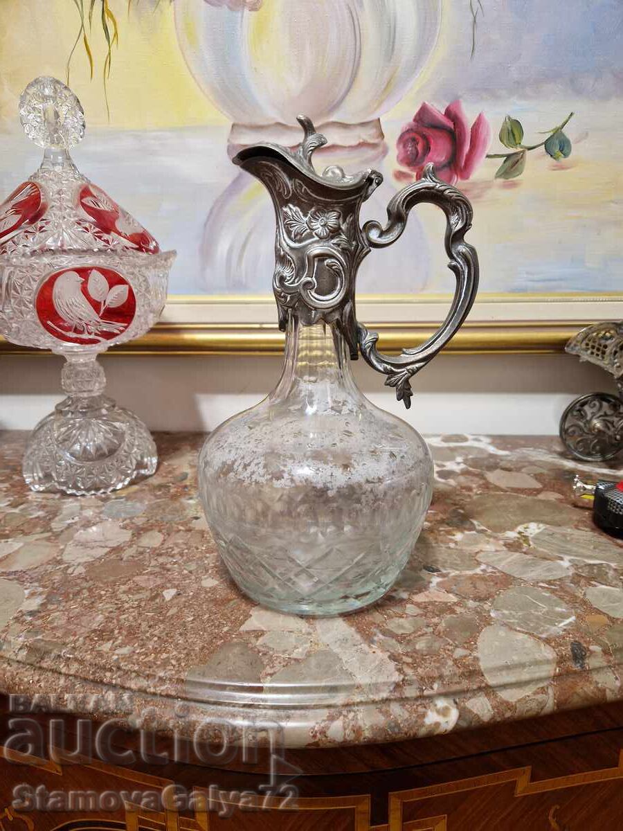 Garafă franțuzească antică superbă din cristal cu metal