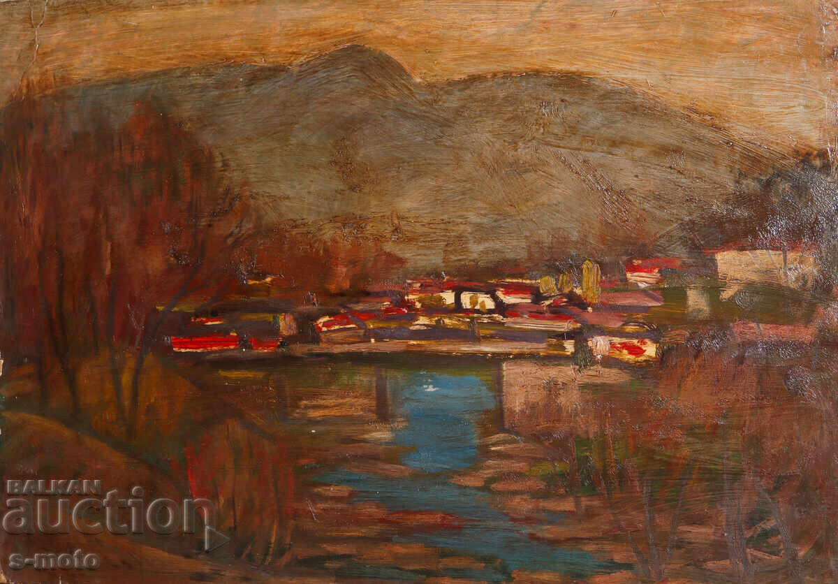 Stoyan Domuschiev (1935 - 2021) ulei pe pânză peisaj rural cu preț € 400.00 | 782.33 BGN