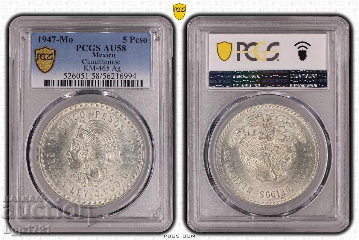 5 pesos Mexic 1947 AU58 PCGS argint - 7