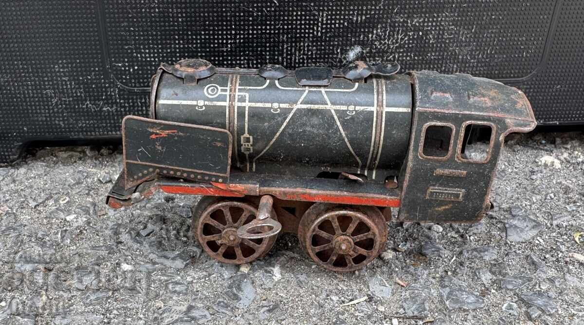 Jucărie mecanică veche germană din metal, tren, locomotivă