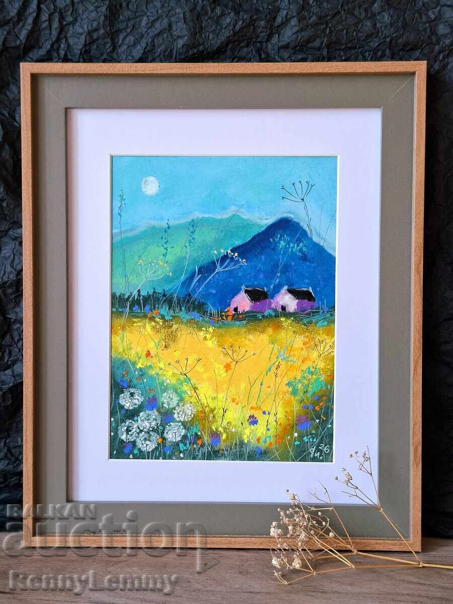 Vară la munte, tablou pastel, original