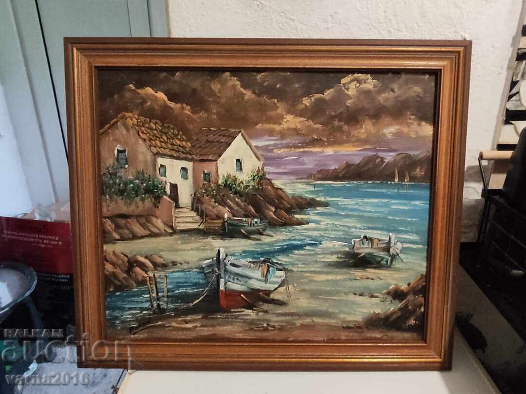 Painting Fisherman's House Seascape, Boats