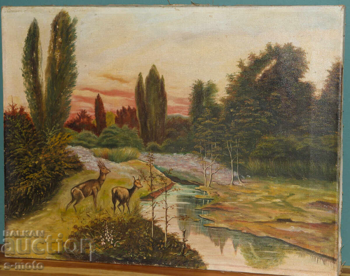 Licitație Tablou vechi pictat în ulei, peisaj forestier