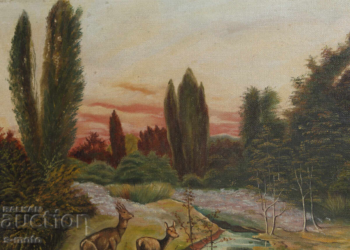 Livrarea Tablou vechi pictat în ulei, peisaj forestier