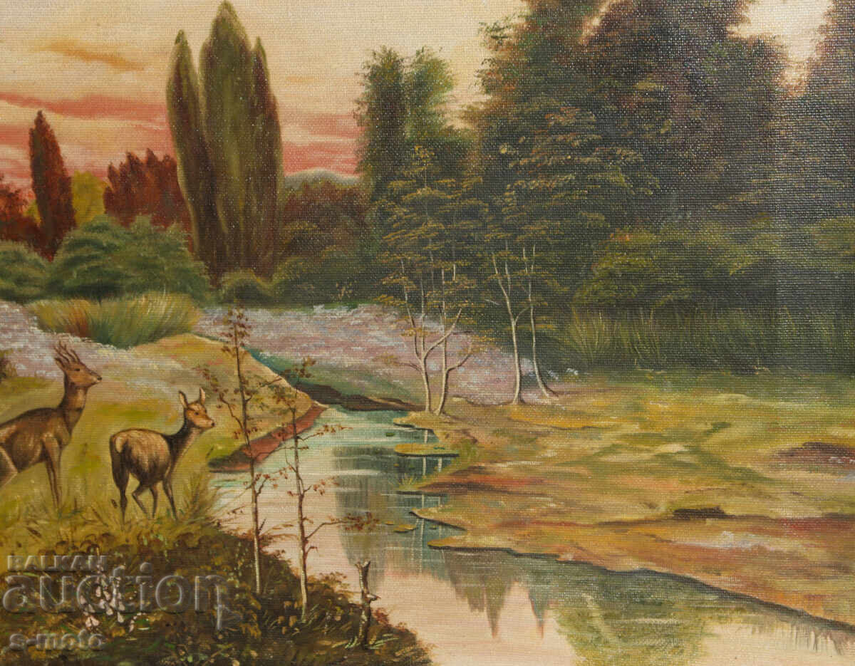 Tablou vechi pictat în ulei, peisaj forestier - 5
