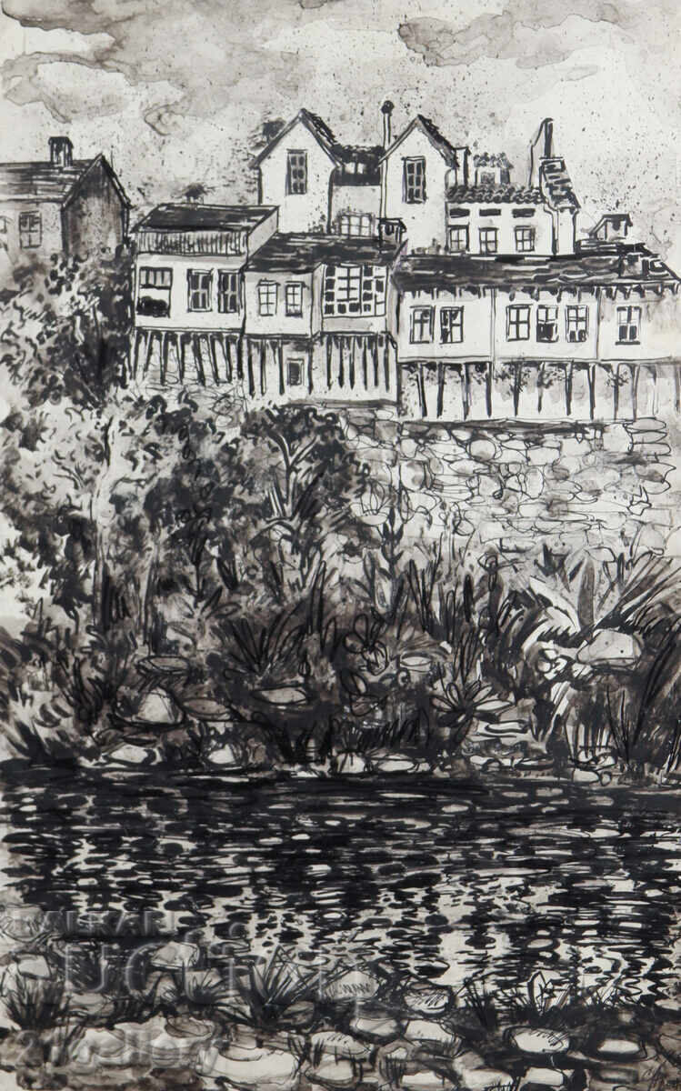 Licitație Suzi Aronov (1920 - 2020) desen tuș peisaj urban 1985