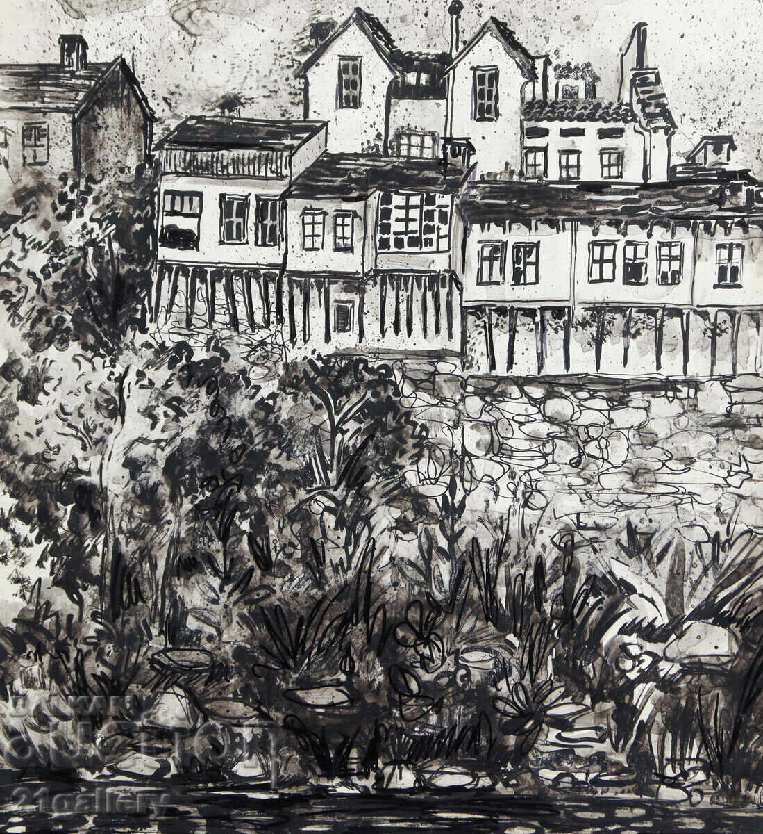 Suzi Aronov (1920 - 2020) desen tuș peisaj urban 1985 - 5