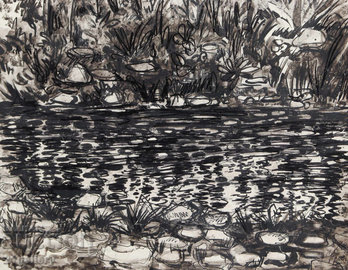 Suzi Aronov (1920 - 2020) desen tuș peisaj urban 1985 - 6
