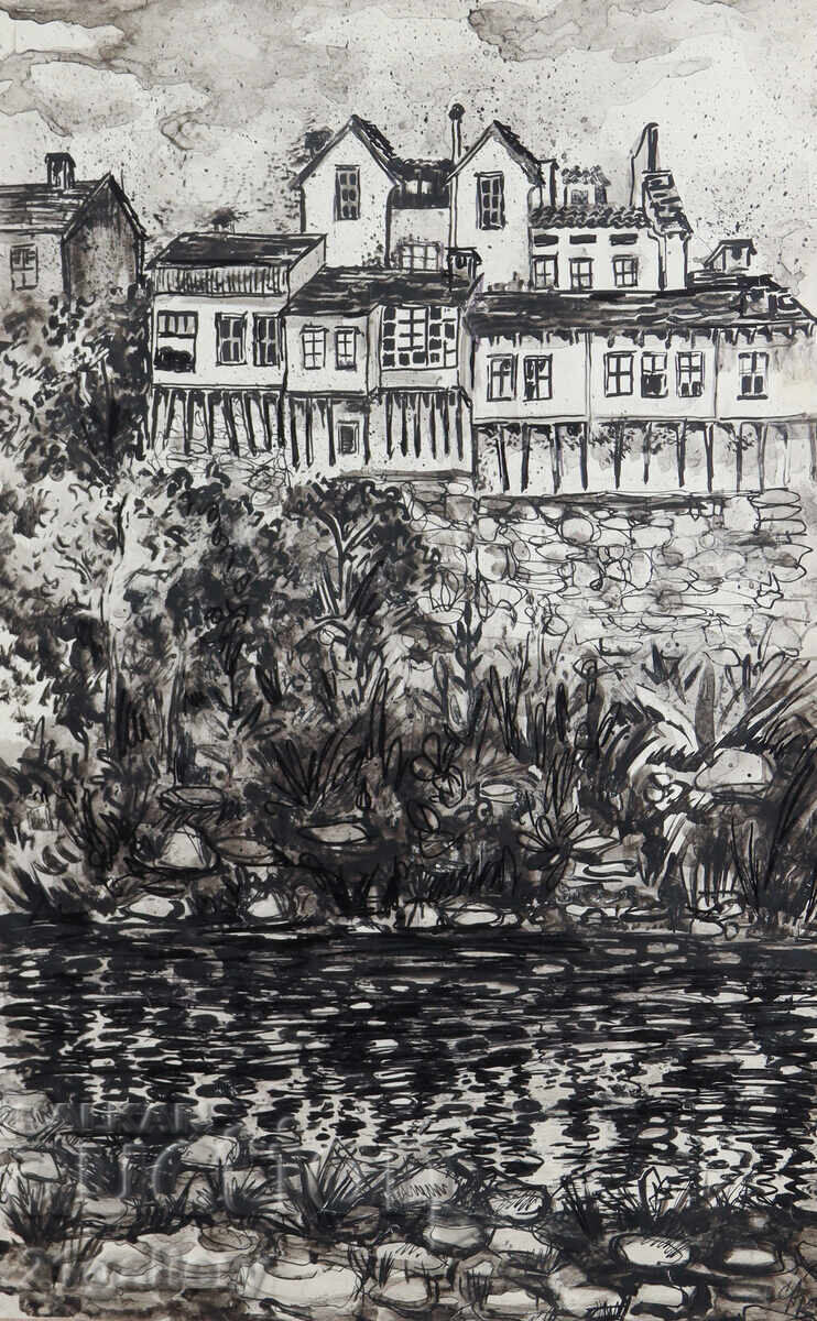 Suzi Aronov (1920 - 2020) desen tuș peisaj urban 1985