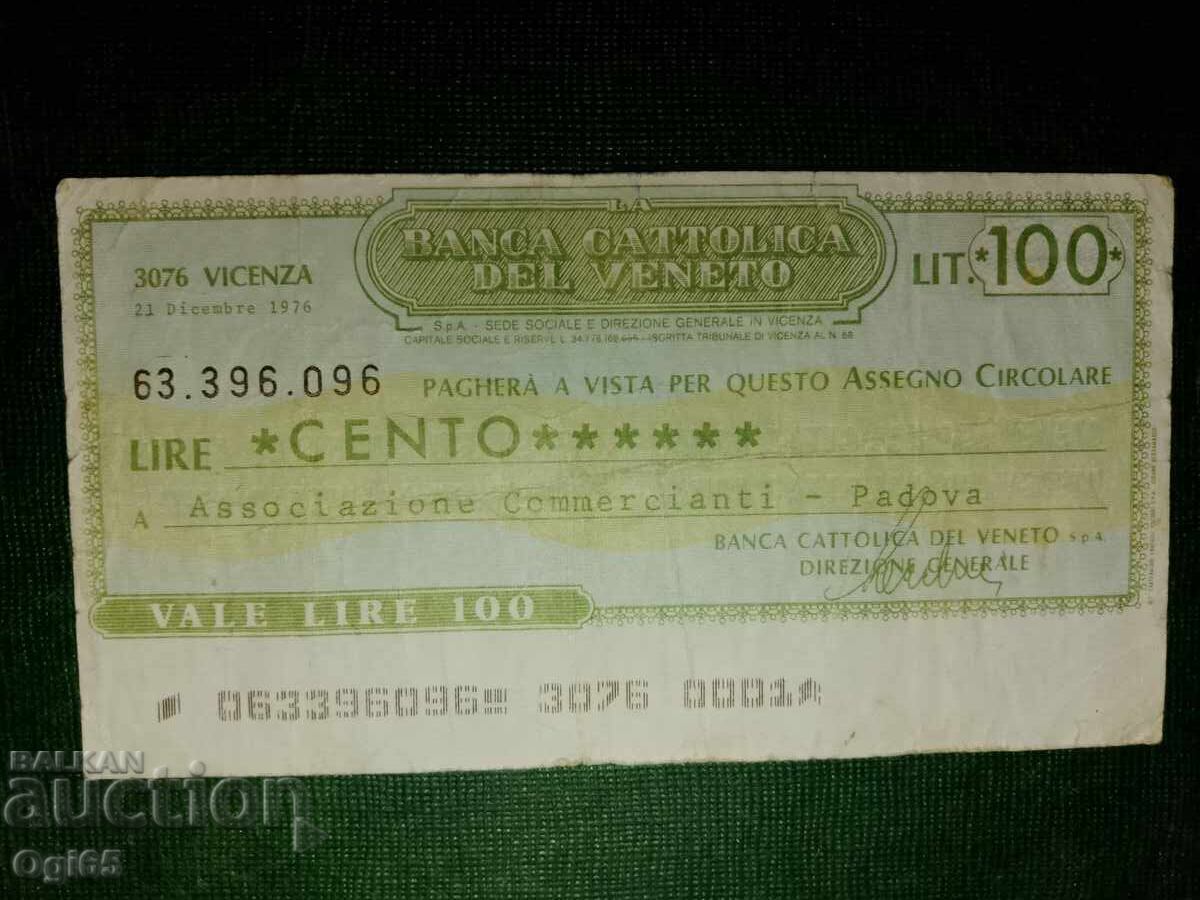Σπάνια επιταγή 100 λιρών του 1976 από την Ιταλία σε καλή κατάσταση