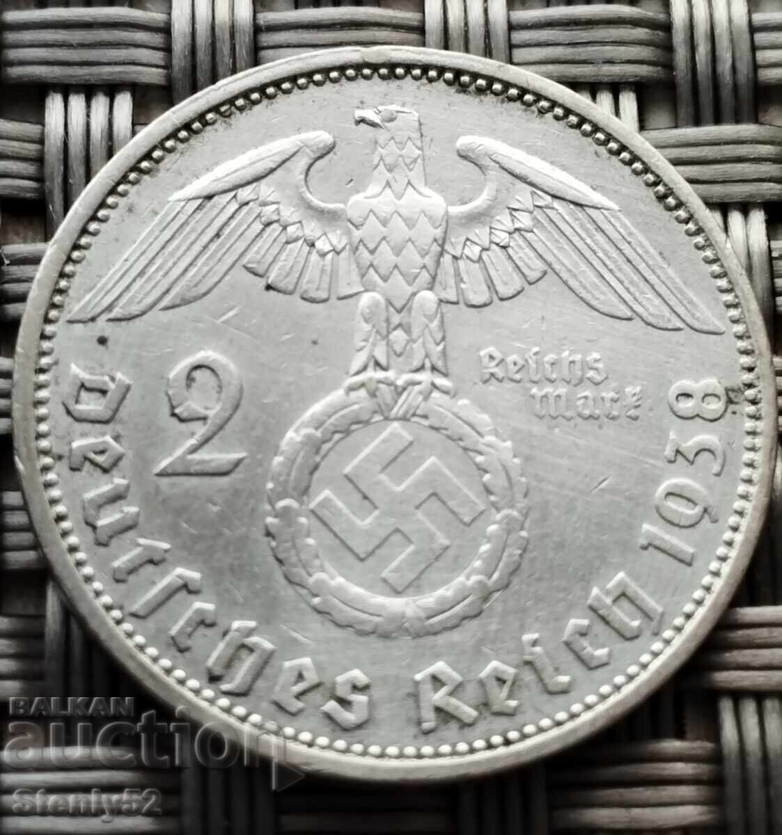 2 Ράιχσμαρκ ασήμι 625, έτους 1938