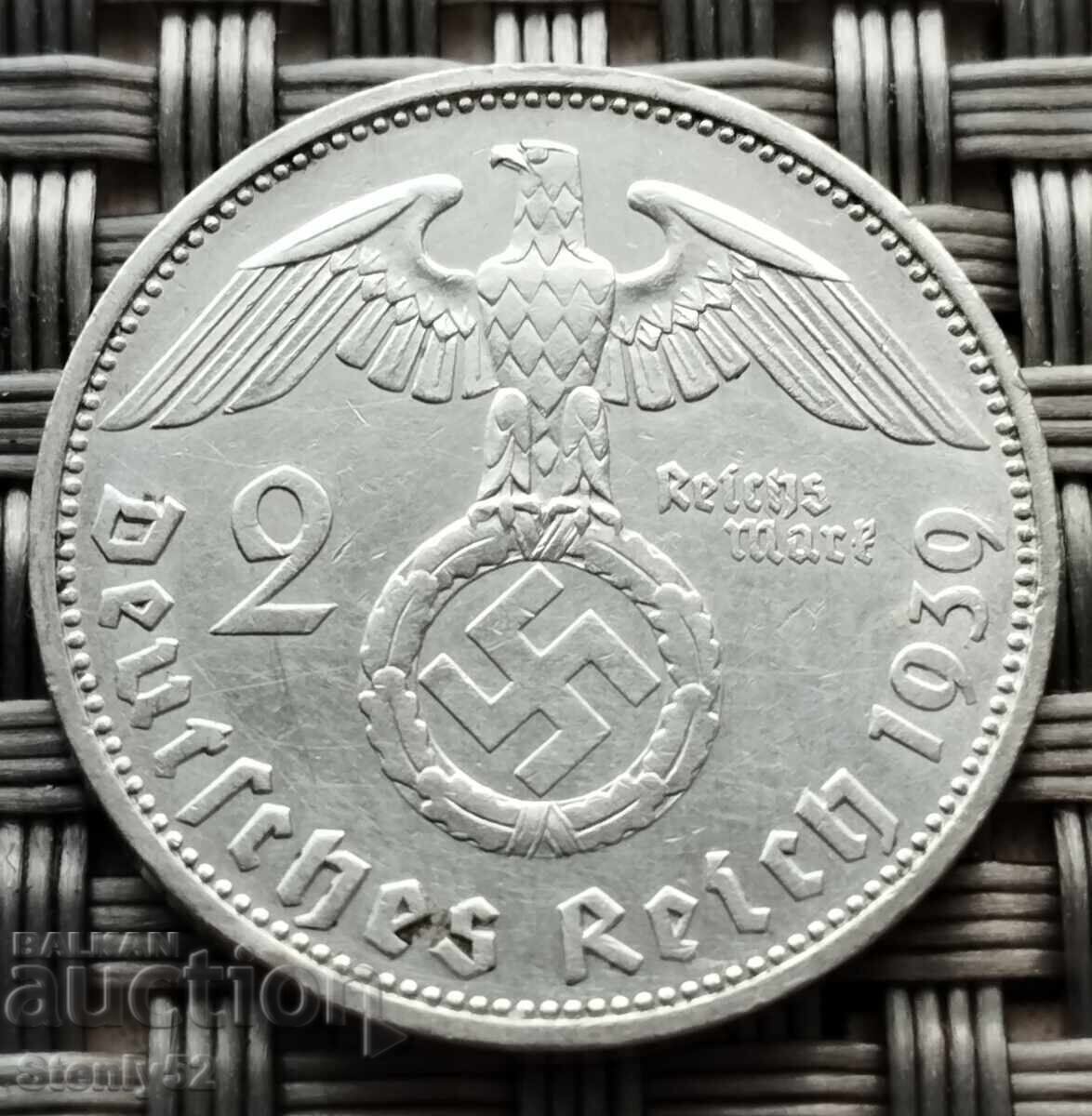 2 Reichsmark argint, puritate 625, anul 1939 2 Reichsmark argint, puritate 625, anul 1939