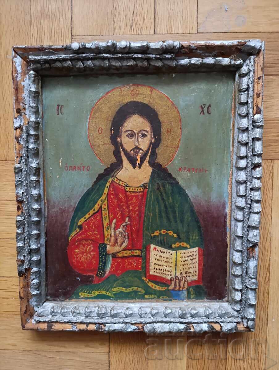 Pictură manuală veche icoană Isus Pantocrator
