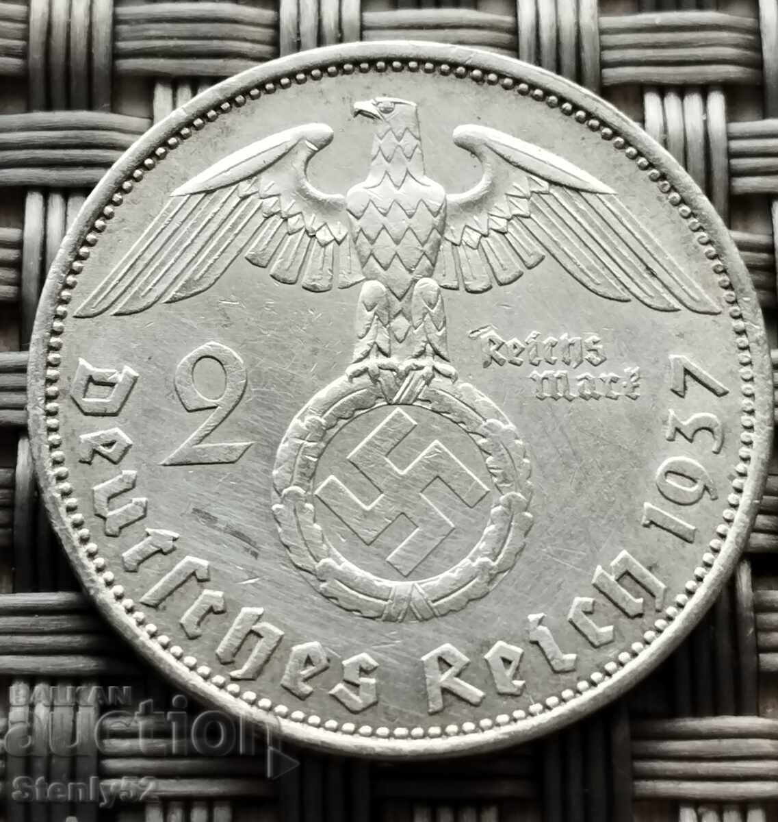 2 Райхсмарки сребро проба 625,1937 год.