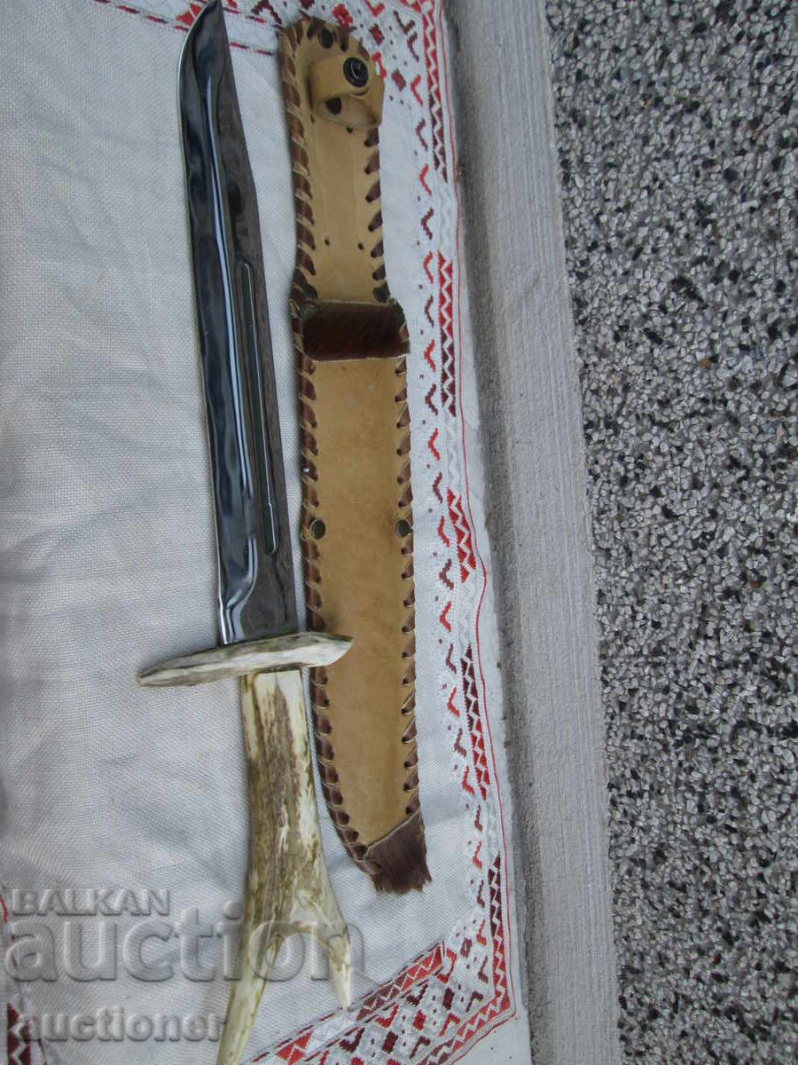 CUȚIT DE VÂNĂTOARE MARE CU TEACĂ, LUCRAT MANUAL, MÂNER DIN COARNĂ DE CERB - 5