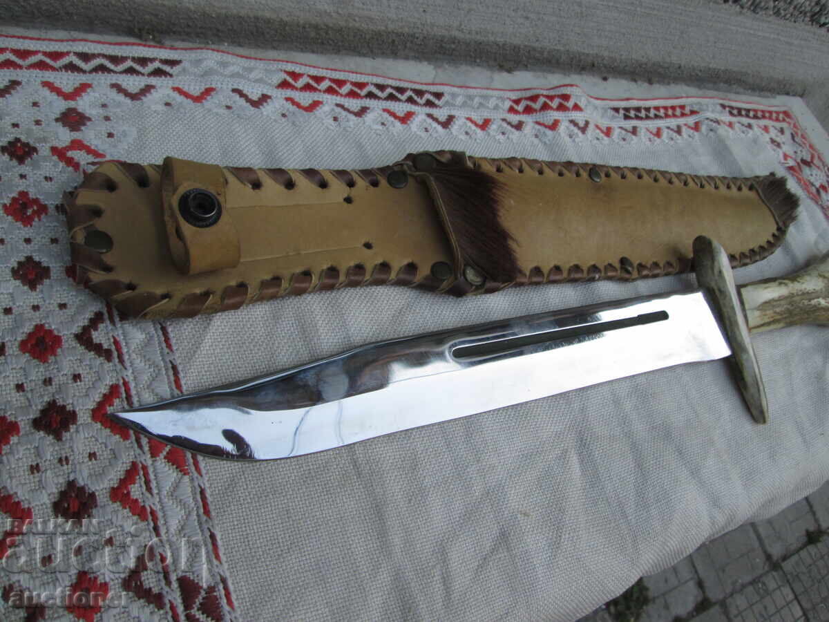CUȚIT DE VÂNĂTOARE MARE CU TEACĂ, LUCRAT MANUAL, MÂNER DIN COARNĂ DE CERB - 7