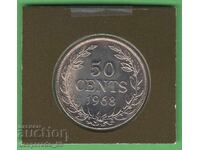 (¯`'•.¸ 50 cenți 1968 LIBERIA UNC ¸.•'´¯)