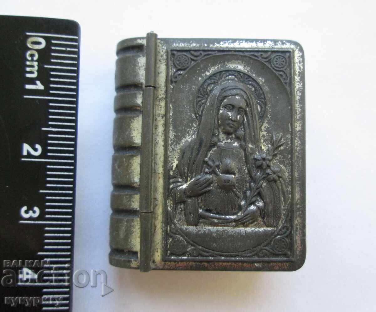 Cutiuță religioasă veche din metal cu Maica Domnului - 6