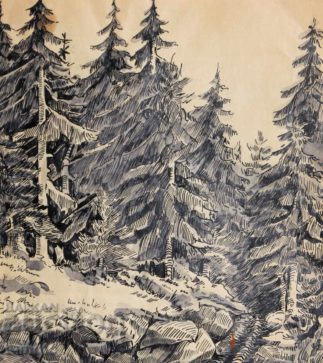 Livrarea Tablou vechi tuș peisaj forestier 1956
