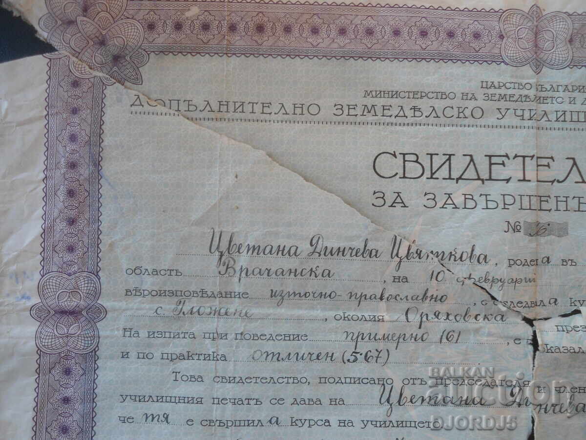 Licitație CERTIFICAT de absolvire a cursului, sat Glojene, 1947