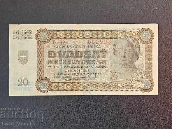 Slovacia 20 Coroane 1942 (Republica Slovacă) VF-XF
