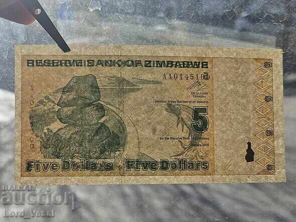 Licitație Zimbabwe 5 Dolari 2009 UNC
