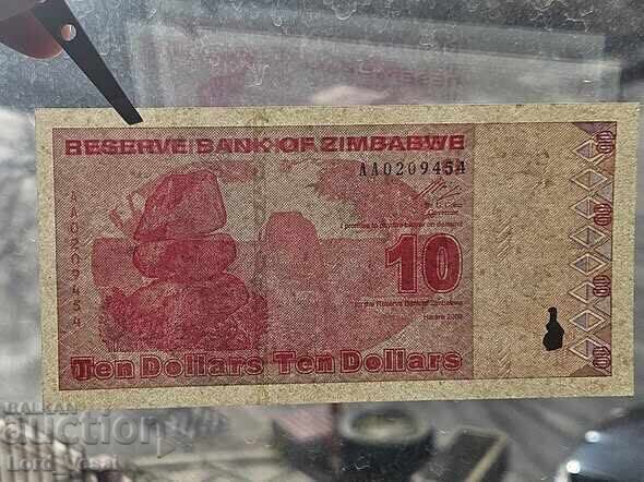Licitație Zimbabwe 10 Dolari 2009 UNC