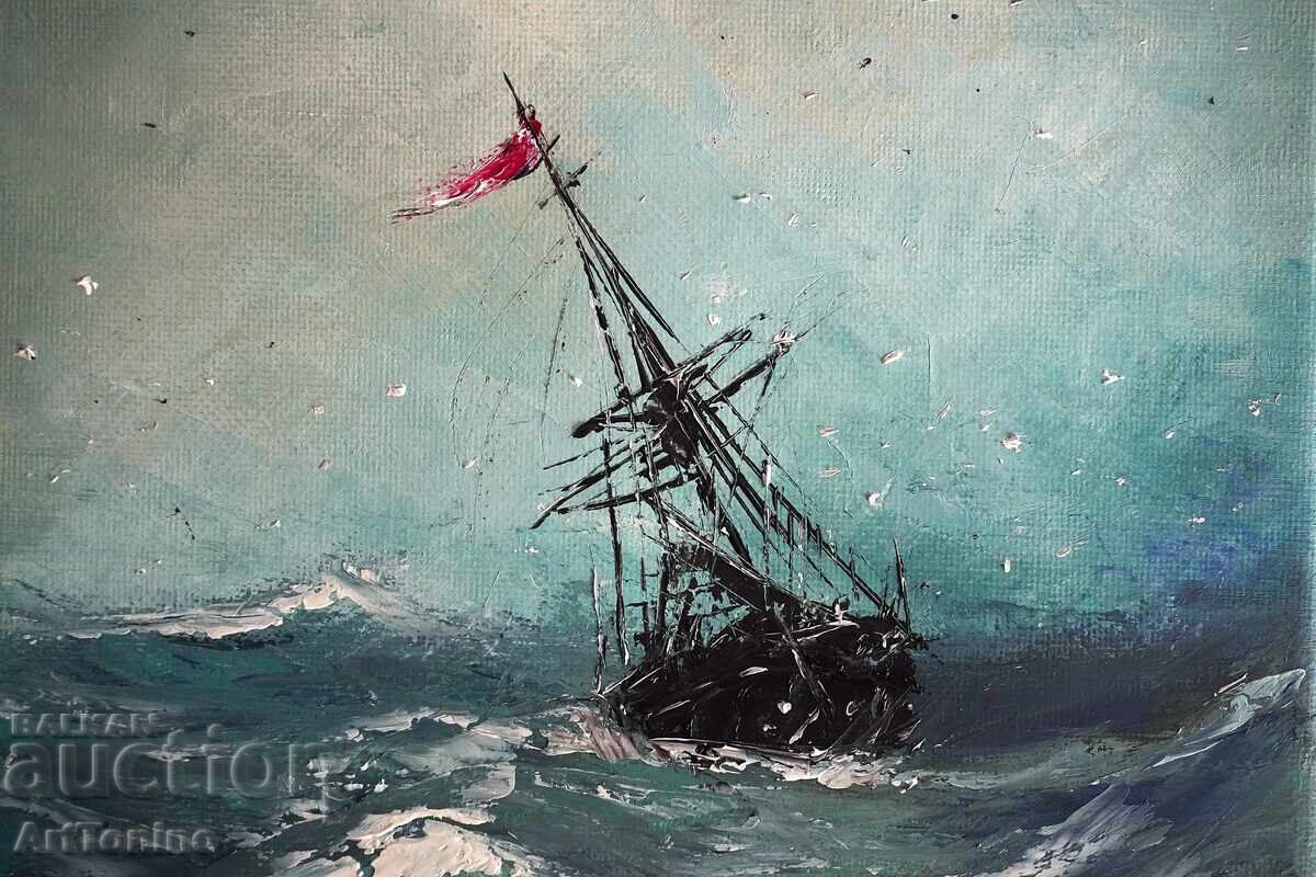 Licitație Pictură în ulei - Peisaj marin - Navă pe mare agitată - A. Iordanov