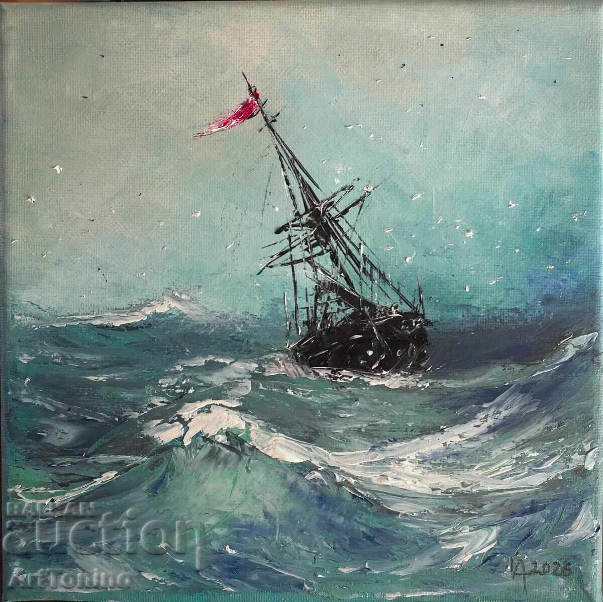 Pictură în ulei - Peisaj marin - Navă pe mare agitată - A. Iordanov