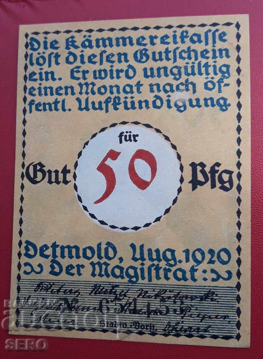 Bancnota-Germania-S.Rhein-Westphalia-Detmold-50 pfennig 1920 cu preț € 1.00 | 1.96 BGN