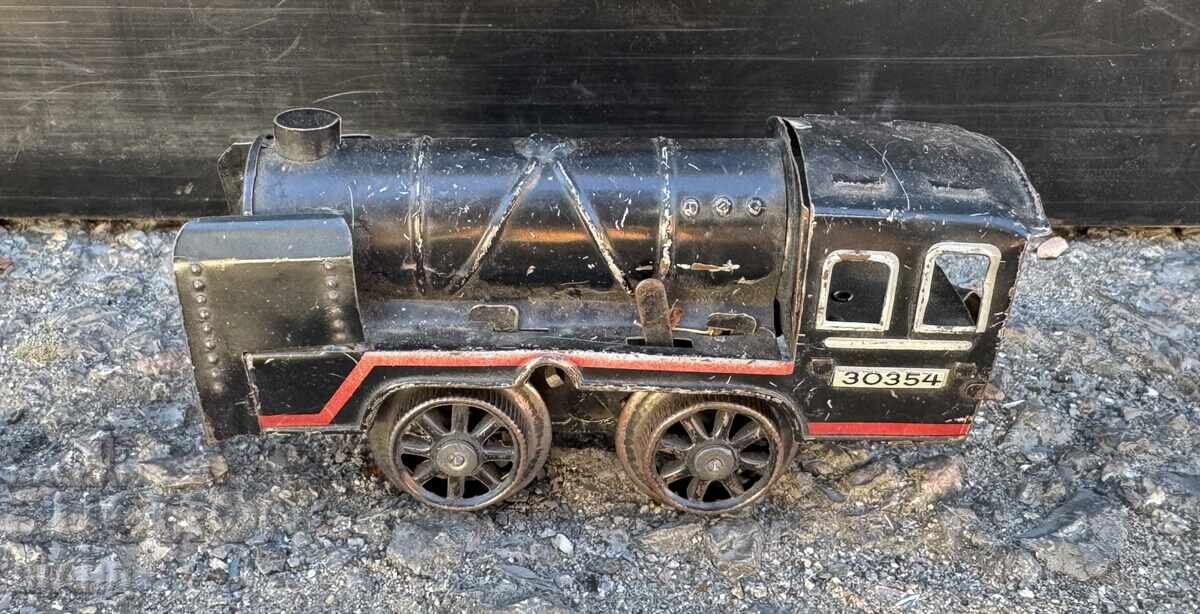Jucărie mecanică veche germană din metal, tren, locomotivă