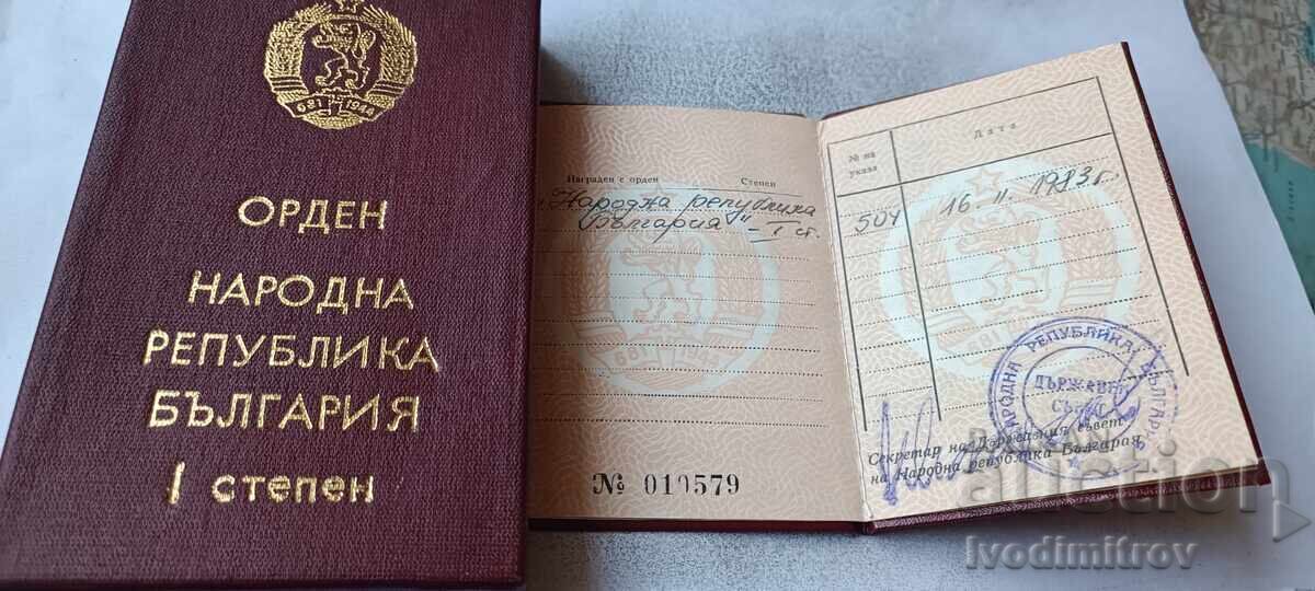 Ordinul Republicii Populare Bulgaria clasa I, carnet de ordin - 5