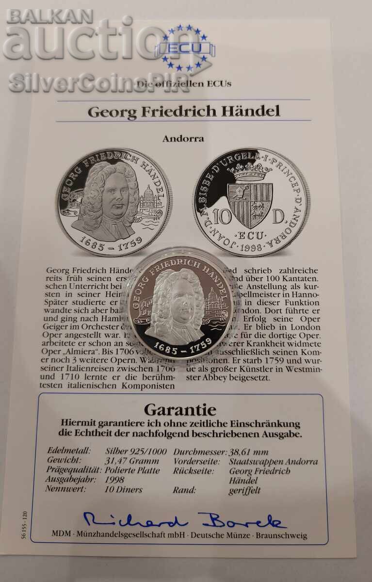 Silver 10 Dinars George Handel 1998 Andorra with price € 1.50 | 2.93 BGN Silver 10 Dinars George Handel 1998 Andorra with price € 1.50 | 2.93 BGN