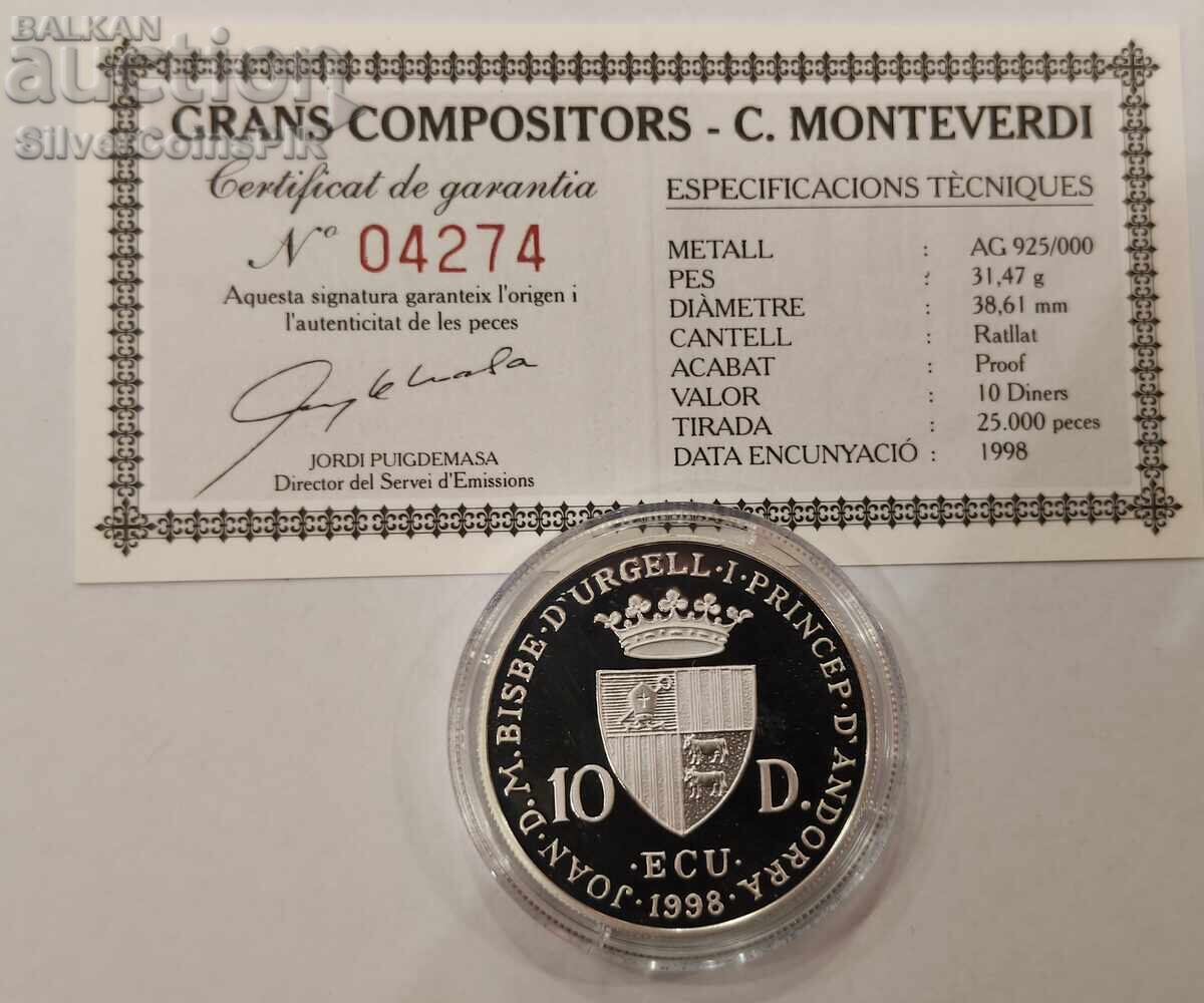 Argint 10 Dinari Claudio Monteverdi 1998 Andorra cu preț € 60.89 | 119.09 BGN Argint 10 Dinari Claudio Monteverdi 1998 Andorra cu preț € 60.89 | 119.09 BGN