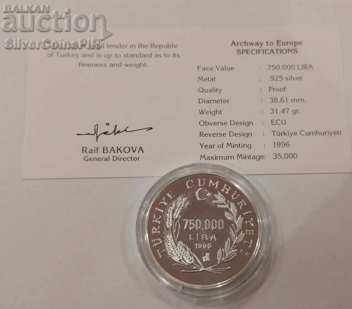 Silver 750,000 Lira Door to Europe 1996 Turkey with price € 60.89 | 119.09 BGN