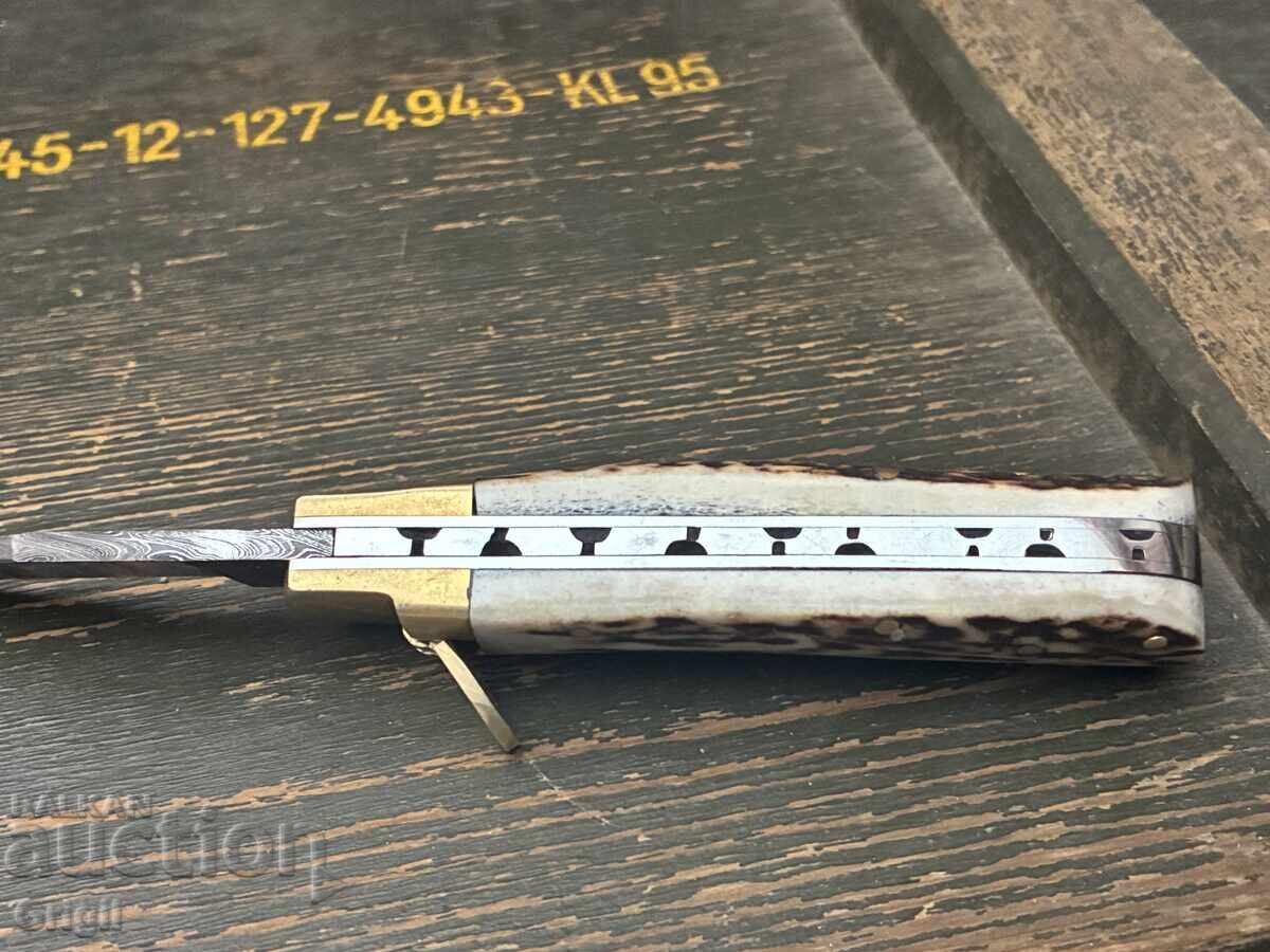 Cuțit de buzunar/pliabil. Oțel Damasc, corn de cerb - 5 Cuțit de buzunar/pliabil. Oțel Damasc, corn de cerb - 5