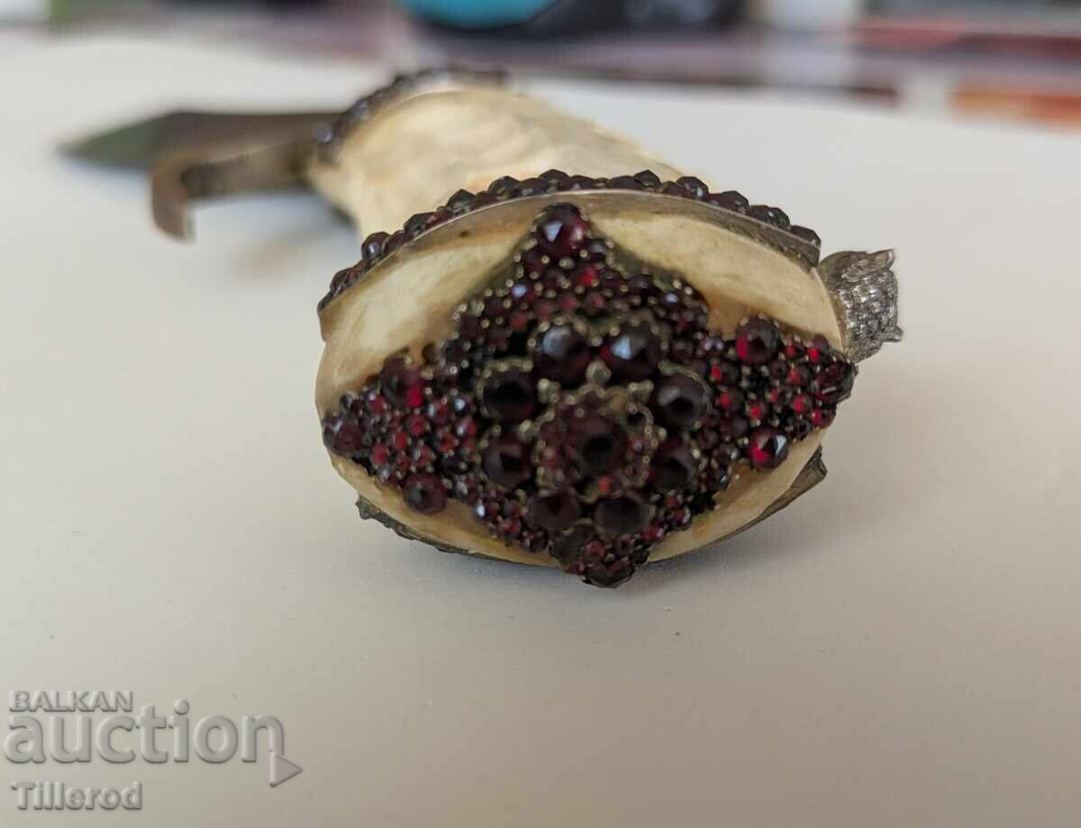 Antique hunting knife, carved bone and garnets. From 1 cent! - 6