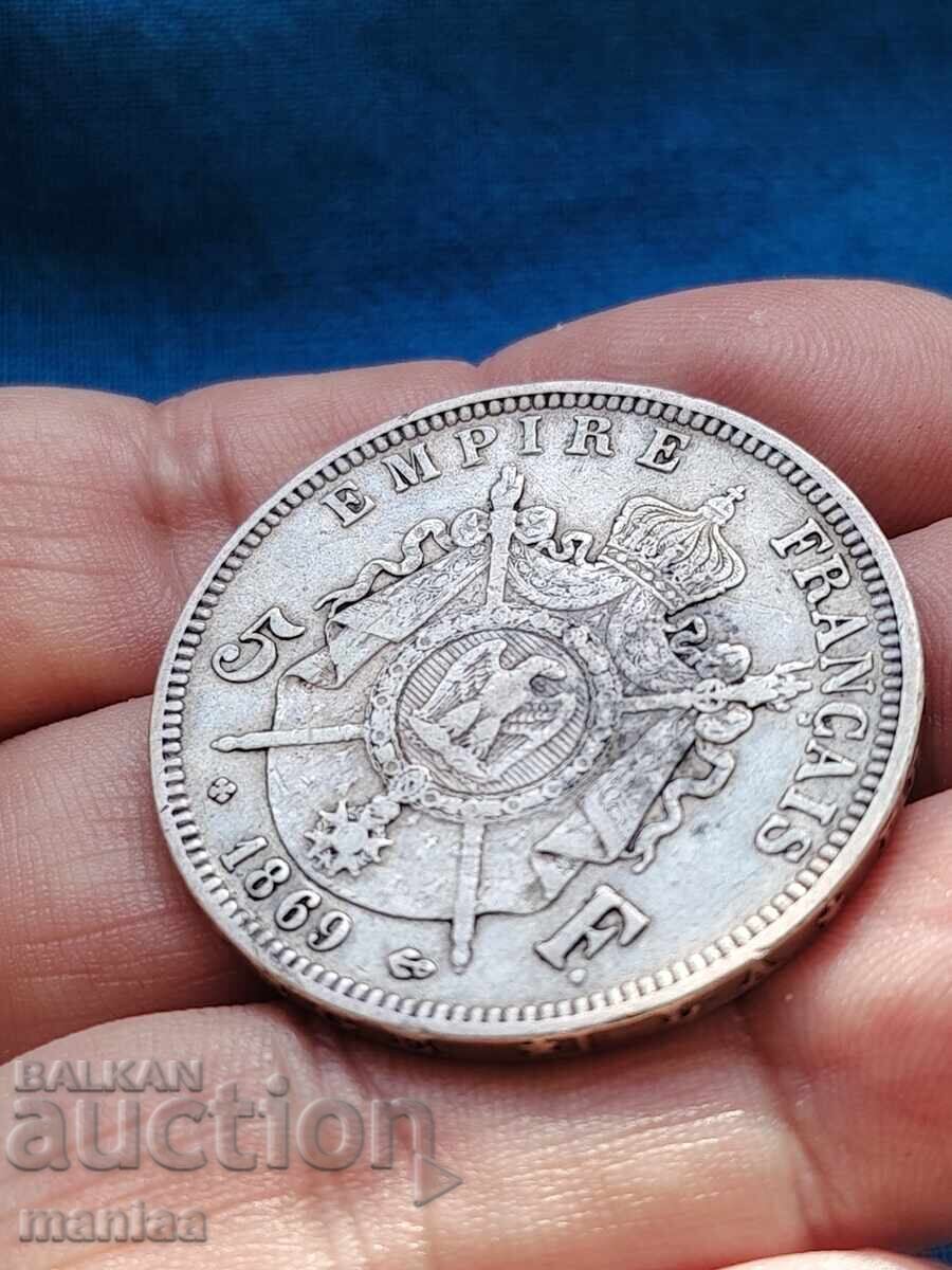 Auction  Old rare silver coin 5 francs France 1869