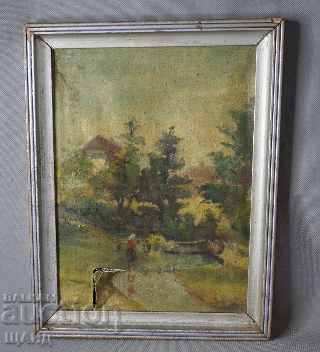 Pictură veche de maestru în ulei, peisaj cu ramă