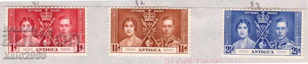 GB/Antigua-1937-Coronation of KGVI, QE, set, MLH