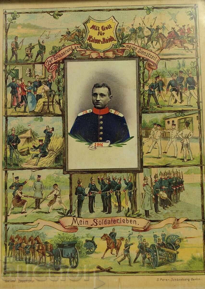 1906 LITOGRAFIE MILITARĂ GERMANĂ PERFECTĂ RAMĂ SOLDAT UNIFORMĂ cu preț € 10.00 | 19.56 BGN