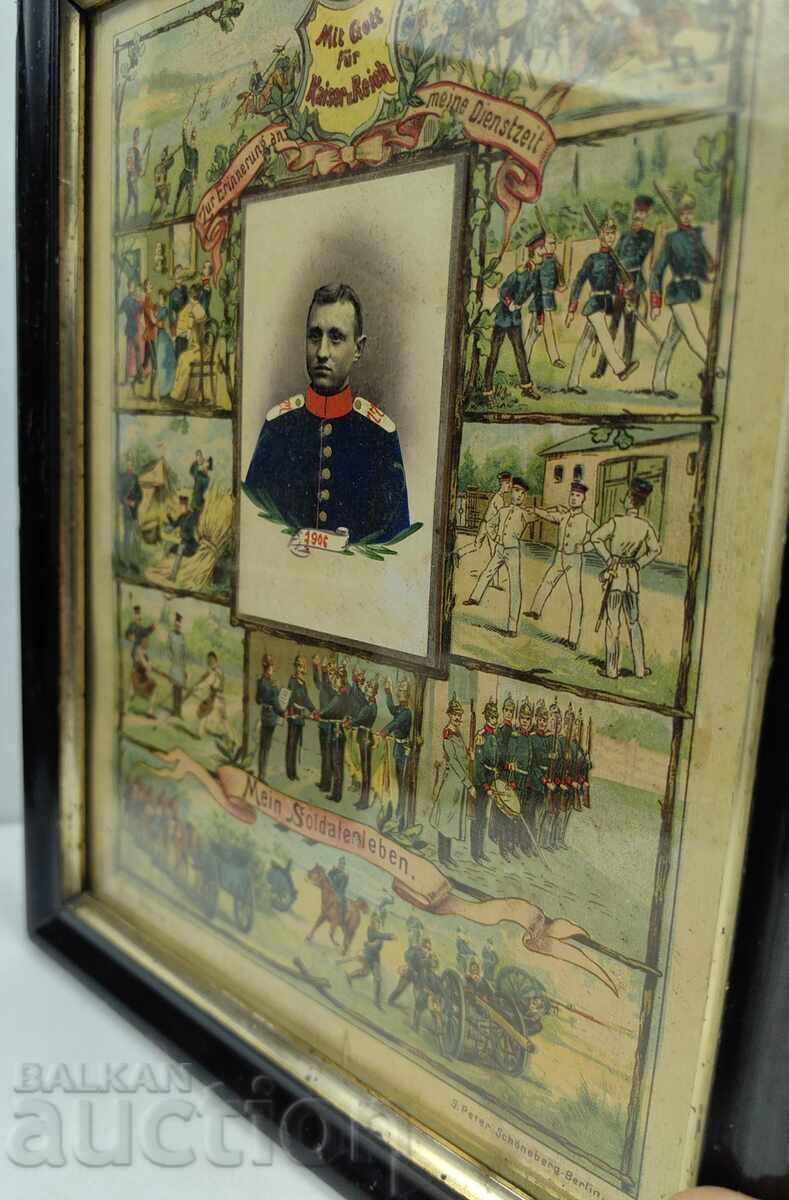 Licitație 1906 LITOGRAFIE MILITARĂ GERMANĂ PERFECTĂ RAMĂ SOLDAT UNIFORMĂ